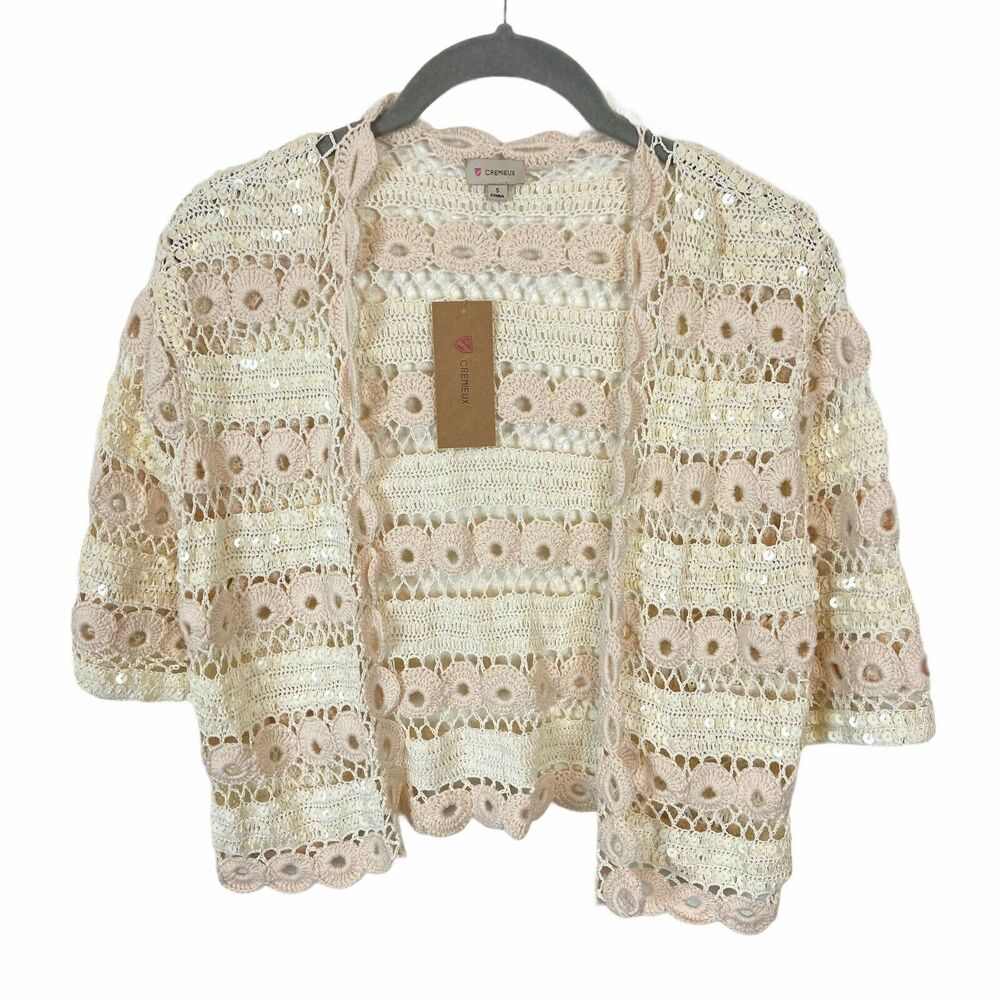 Cremieux Cardigan Women's Cream Boho Half Sleeves Crochet Open Front Patty sz S